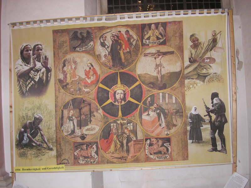 Misereor-Hungertuch 1998 „Barmherzigkeit und Gerechtigkeit“ — Szenen der Werke der Barmherzigkeit um ein zentrales Christusbild